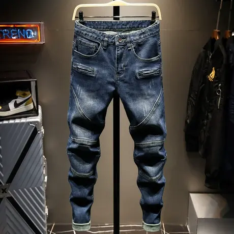 夏季款复古高端潮牌牛仔裤男修身小脚男士长裤子男拼接百搭朋克款商品大图