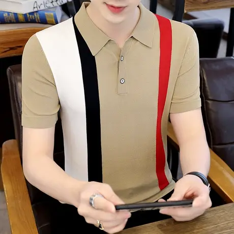 短袖男装t恤夏季条纹polo衫韩版潮牌冰感翻领体恤男冰丝针织上衣商品大图