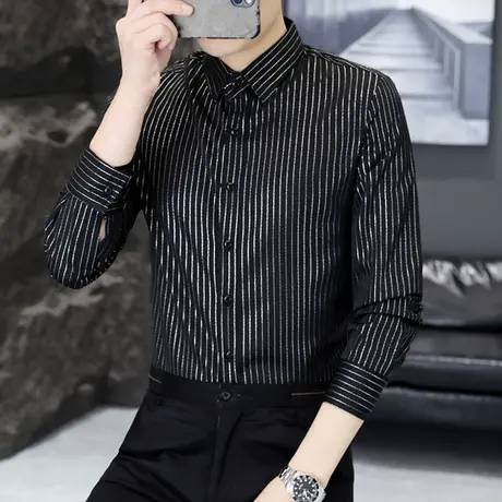 秋季男士长袖衬衫潮牌韩版条纹烫金衬衣新款修身免烫秋装痞帅上衣图片