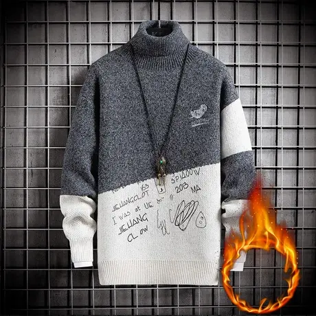 半高领毛衣男新款秋冬季韩版潮针织衫加绒加厚套头保暖打底衫上衣商品大图