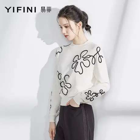 Yifini/易菲白色提花套头针织衫女春秋新款圆领宽松素雅针织上衣商品大图