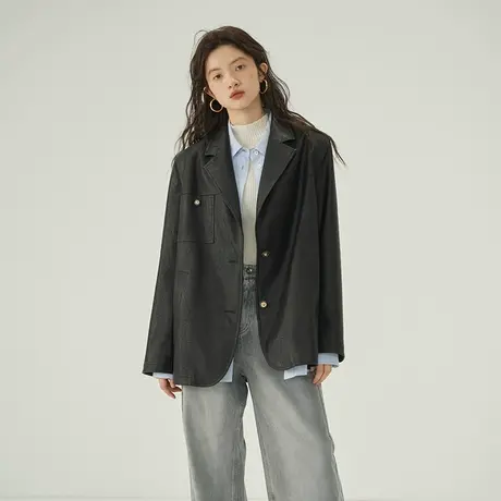 omont蛋挞家 复古pu皮西装外套女2023秋冬新款宽松休闲皮夹克皮衣商品大图