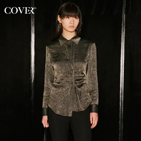 COVER秋季打褶盘扣美拉德金丝衬衫图片