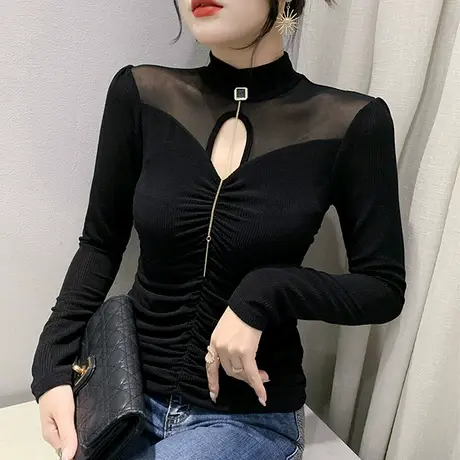 时尚镂空褶皱上衣性感立领网纱拼接T恤女长袖秋季新款修身打底衫商品大图
