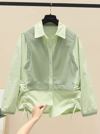 2023春新款时尚设计感针织拼接针织衬衫外套女韩版宽松休闲衬衣女商品大图