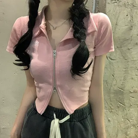 Polo领短袖t恤女夏季设计感小众双拉链粉色短款露脐热辣潮搭上衣商品大图