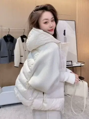 2023冬季新款毛线拼接羽绒服女白鸭绒显瘦连帽长袖针织外套ins潮图片