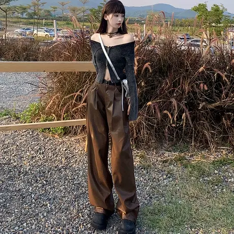 美拉德咖色皮裤阔腿裤女秋冬2023新款高级感防风PU皮直筒西装裤子商品大图