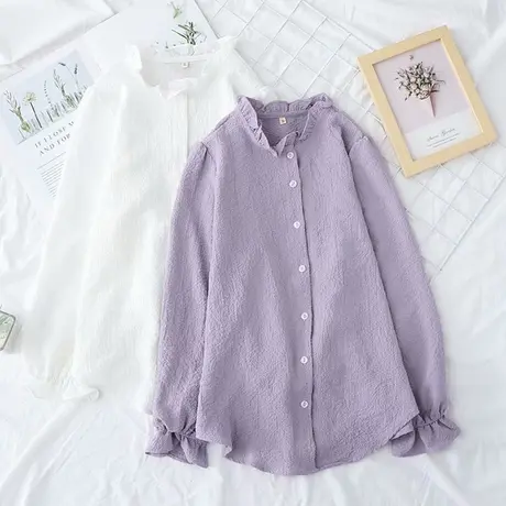 白色衬衫女秋新款木耳荷叶边长袖宽松百搭灯笼袖学生洋气立领衬衣商品大图