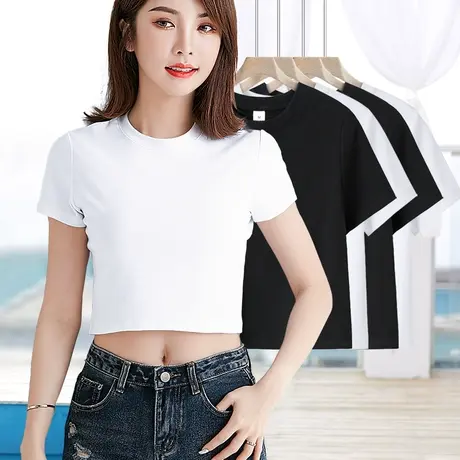 夏季白色纯棉t恤女士设计感小众小衫黑色圆领小个子修身短袖体恤图片