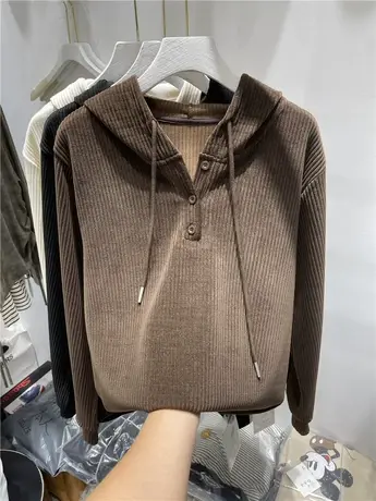 中长款连帽坑条加厚长袖卫衣女2023秋冬新款洋气宽松贴标帽衫上衣商品大图