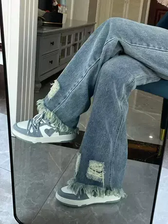 毛边破洞牛仔裤女春秋高街美式复古宽松直筒高腰垂感拖地阔腿裤子图片