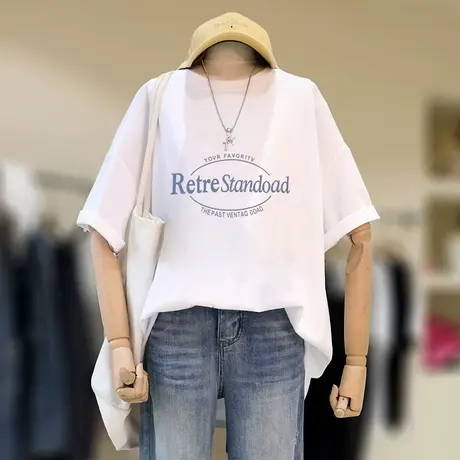 白色纯棉短袖t恤女装2023新款夏季洋气减龄复古港味chic正肩上衣商品大图