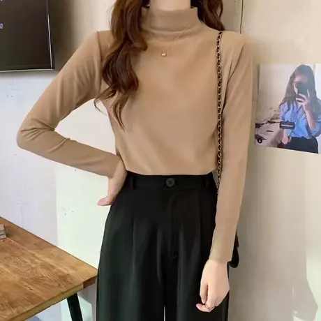 加绒加厚半高领修身上衣女秋冬季德绒磨毛内搭打底衫韩版长袖T恤商品大图