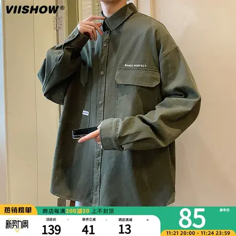 VIISHOW长袖衬衫男日系复古春秋字母刺绣翻领潮牌宽松风休闲外套商品大图