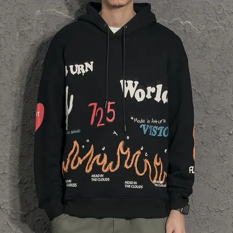 国潮涂鸦帅气男士卫衣秋冬款加绒保暖秋装外套百搭宽松连帽上衣商品大图