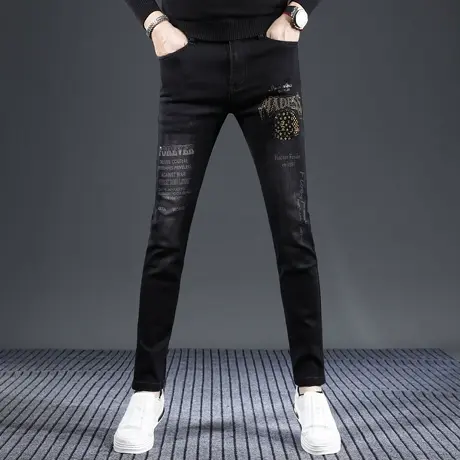 黑色牛仔裤男2023秋冬新款时尚印花烫钻修身小脚弹力百搭男士长裤商品大图