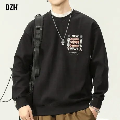 男士黑色重磅卫衣男春秋季圆领2023新款美式印花上衣休闲套头外套商品大图