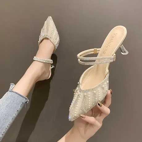 时装凉鞋女2023春季新款时尚尖头水钻高跟鞋网红珍珠两穿包头拖鞋商品大图