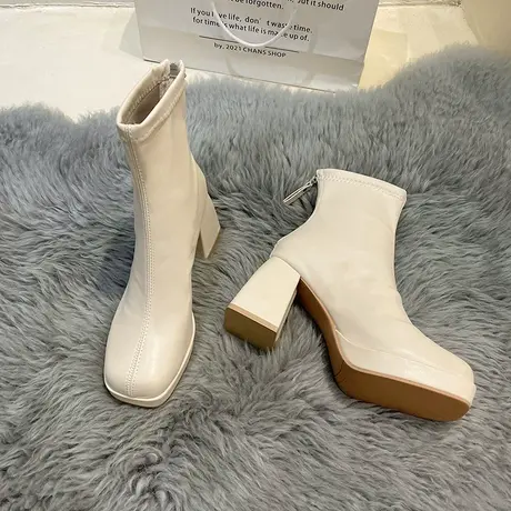 今年流行的靴子女冬季加绒厚底短靴女2023新款小个子增高跟瘦瘦靴图片