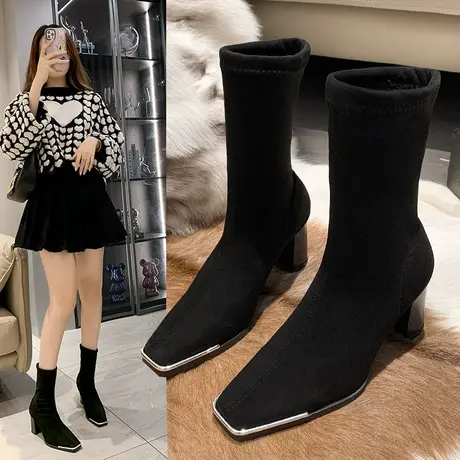 粗高跟不过膝长筒靴女款2023年秋季新款时尚方头骑士靴弹力马丁靴商品大图