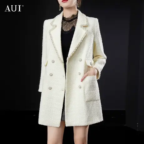 AUI小香风名媛毛呢外套女2023冬新款白色高端设计感西装呢子大衣图片