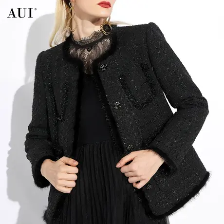 AUI黑色高级感水貂毛小香风短外套女2023秋冬新款气质修身上衣厚商品大图