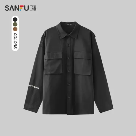 三福2024春季男士工装口袋假两件长衬衫 休闲翻领上衣男481021商品大图
