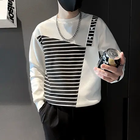 条纹拼接假两件卫衣男春秋季2023新款个性潮牌套头衫痞帅外套上衣图片