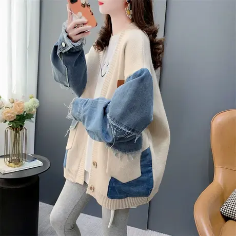 设计感牛仔拼接V领毛衣开衫女春秋2024年新款慵懒风洋气针织外套商品大图