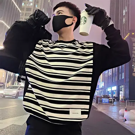 春季美式拼接假两件条纹卫衣男2024新款重磅圆领宽松长袖上衣t恤商品大图