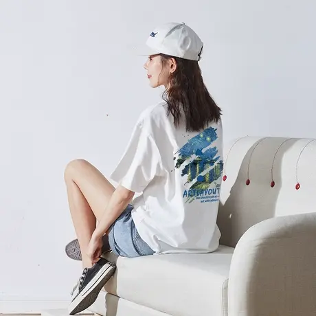 唐狮2023新款后背印花短袖T恤女韩版ins风纯棉上衣女时髦体恤潮x商品大图