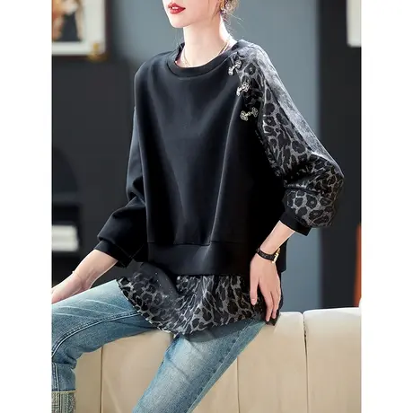 宝诗黎圆领网纱亮丝豹纹拼接卫衣2025新款宽松百搭春季休闲上衣女商品大图