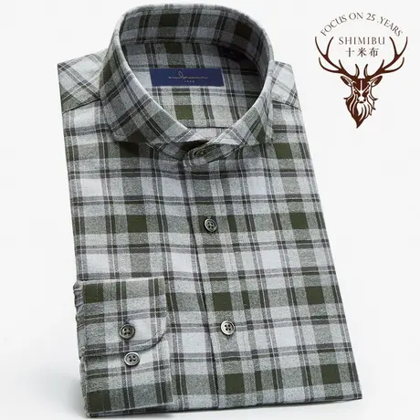 十米布新款绿色磨毛格子衬衫温莎领全棉男士长袖修身纯棉商务衬衣商品大图