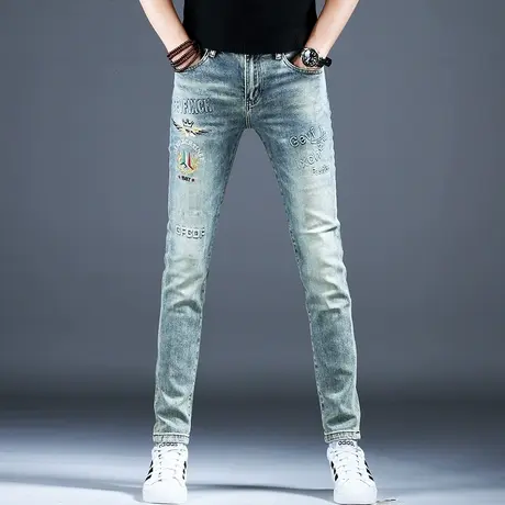 刺绣水洗复古牛仔裤子男款痞帅高级感裤子男2024新款春秋小脚修身商品大图