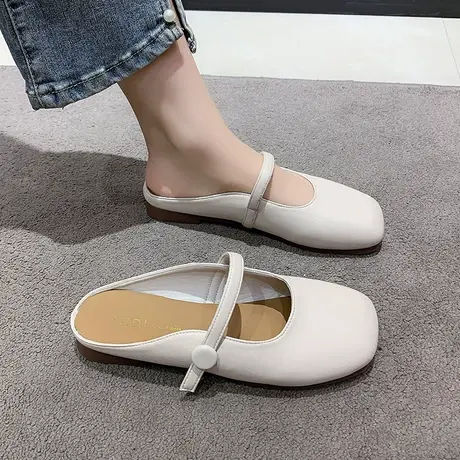 白色复古包头半拖鞋女外穿春秋2024新款超火软底轻便小众平底女鞋商品大图
