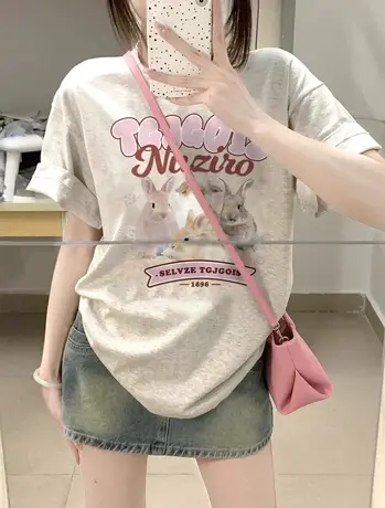 美式纯棉正肩短袖t恤女夏季大码宽松半袖慵懒风设计感小众上衣服图片