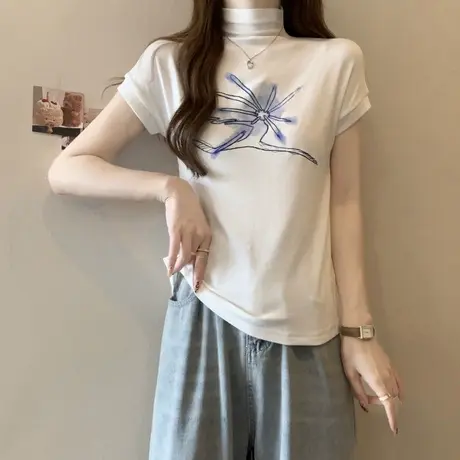 个性趣味印花短袖T恤女夏季韩版设计感小众修身半高领上衣体恤潮商品大图
