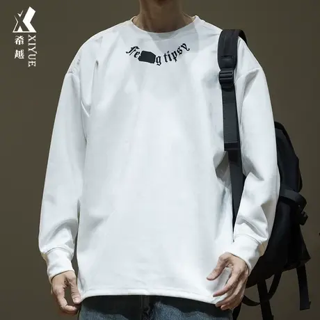 希越美式麂皮绒长袖T恤男2024春季新款宽松大码男士圆领内搭上衣图片