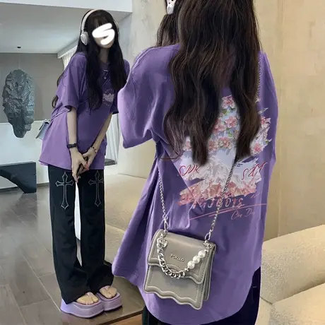 纯棉紫色高级感短袖t恤女夏季2023新款设计感小众宽松半袖上衣潮商品大图