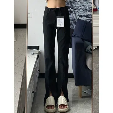 开叉黑色牛仔裤女春秋冬新款设计感小众高腰显瘦直筒烟管加长裤子图片