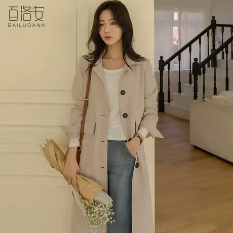 百洛安时尚系带收腰中长款风衣女2024春气质通勤翻领长袖大衣外套图片