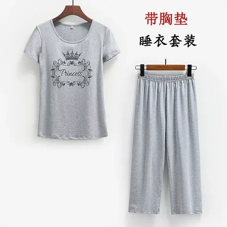 睡衣女夏款可外穿带胸垫外出短袖七分裤胸罩家居服套装商品大图