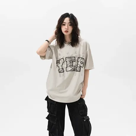 YEP复古国风纯棉短袖t恤女夏季2024新款设计感半袖情侣装宽松上衣商品大图