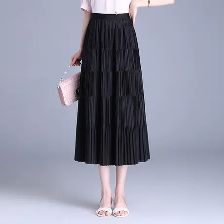 杏色韩版新款松紧百褶半身裙a字春夏压褶垂感显瘦牙签褶长80裙子图片