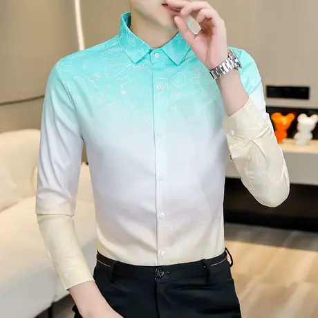 衬衣男秋季潮牌渐变寸衫网红韩版个性拼色2022新款痞帅气长袖衬衫图片