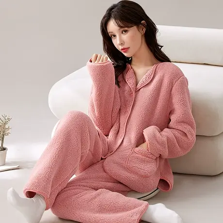 南极人睡衣女士秋冬季珊瑚绒加绒加厚法兰绒家居服套装可爱款冬天图片