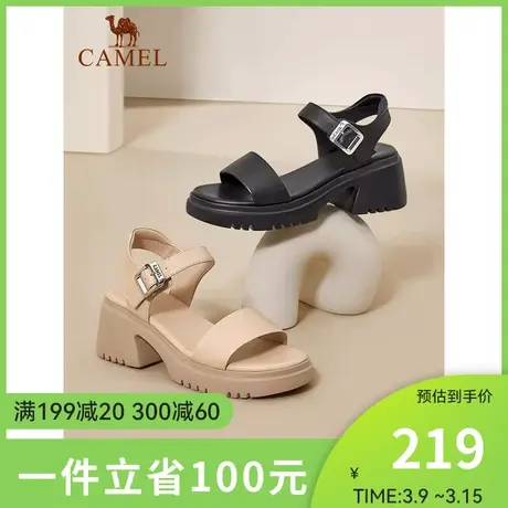 骆驼女鞋2024年夏季新款真皮一字带凉鞋女时尚高跟露趾时装凉鞋女图片