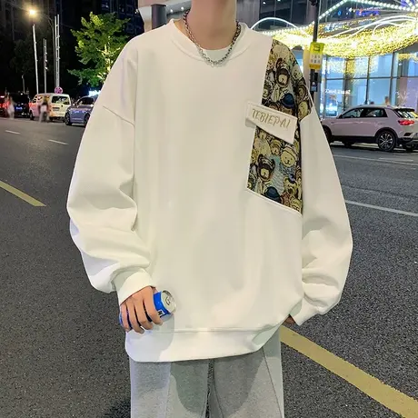 刺绣小熊圆领卫衣男秋冬款oversize长袖休闲上衣服潮流内搭打底衫商品大图