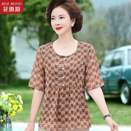 中年妈妈夏装洋气短袖T恤复古印花雪纺衫上衣时尚中老年女装衣服图片